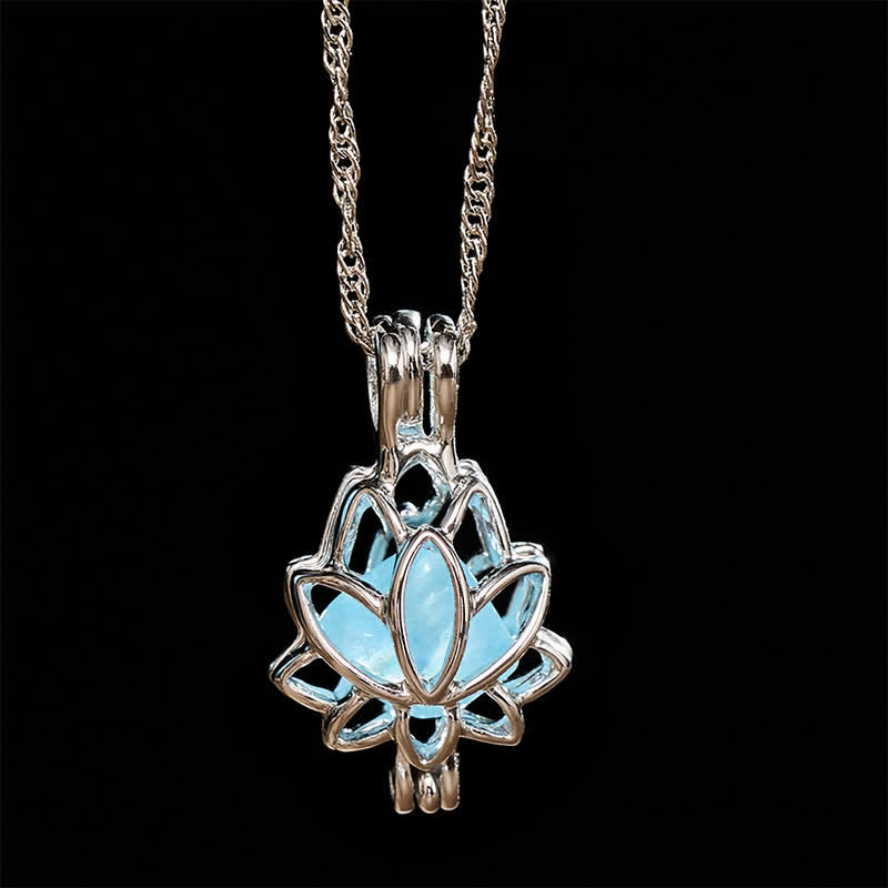 Healing and Peace Aquamarine Titanium Steel Lotus Pendant Necklace